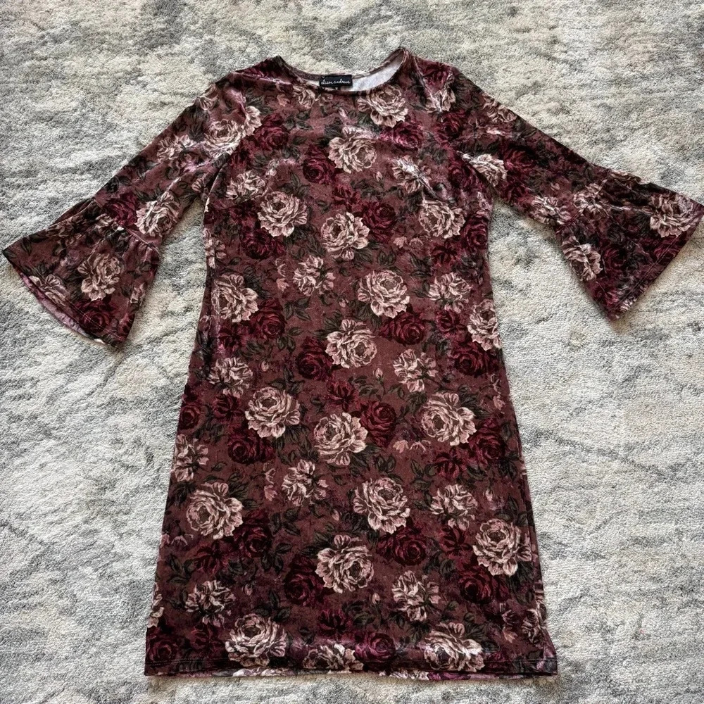 Floral Velvet Dress with Bell Sleeves Whimsigoth Party Event Dark Cottagecore M